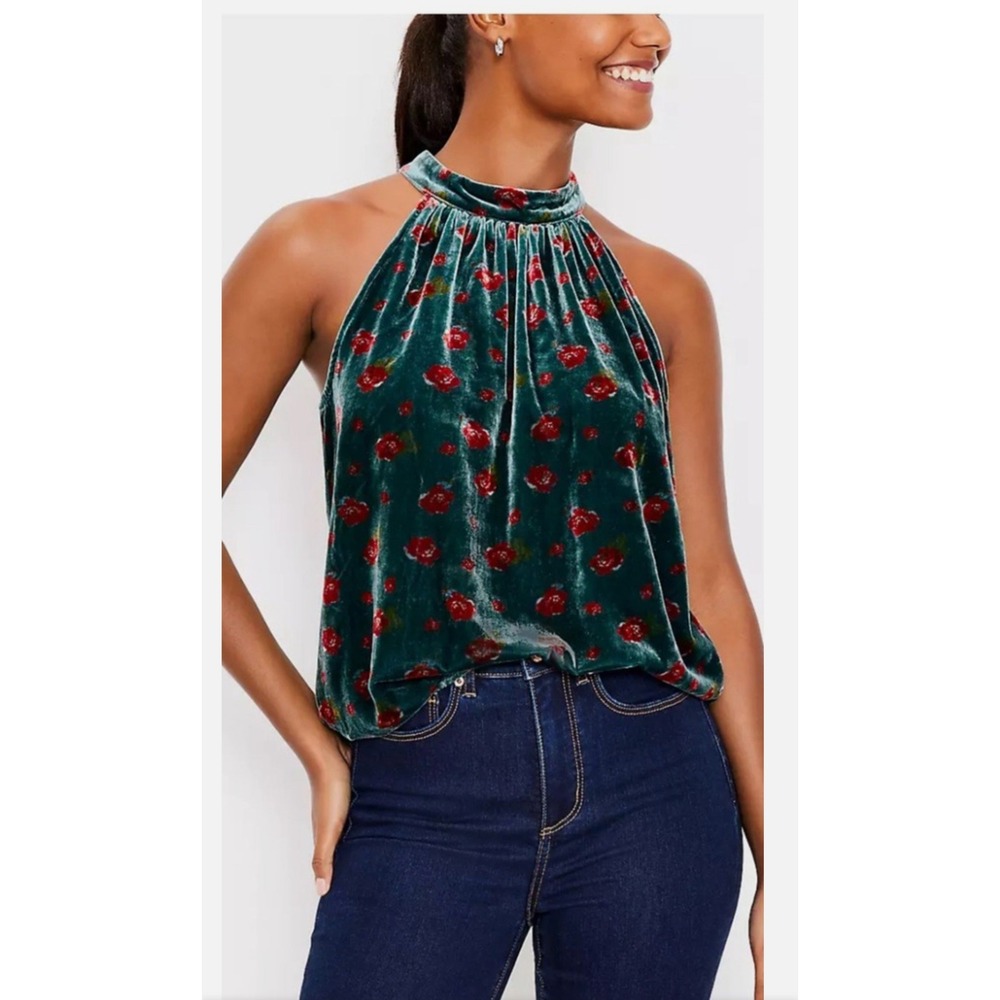 LOFT Floral Velvet Shirred Halter Top Size Small